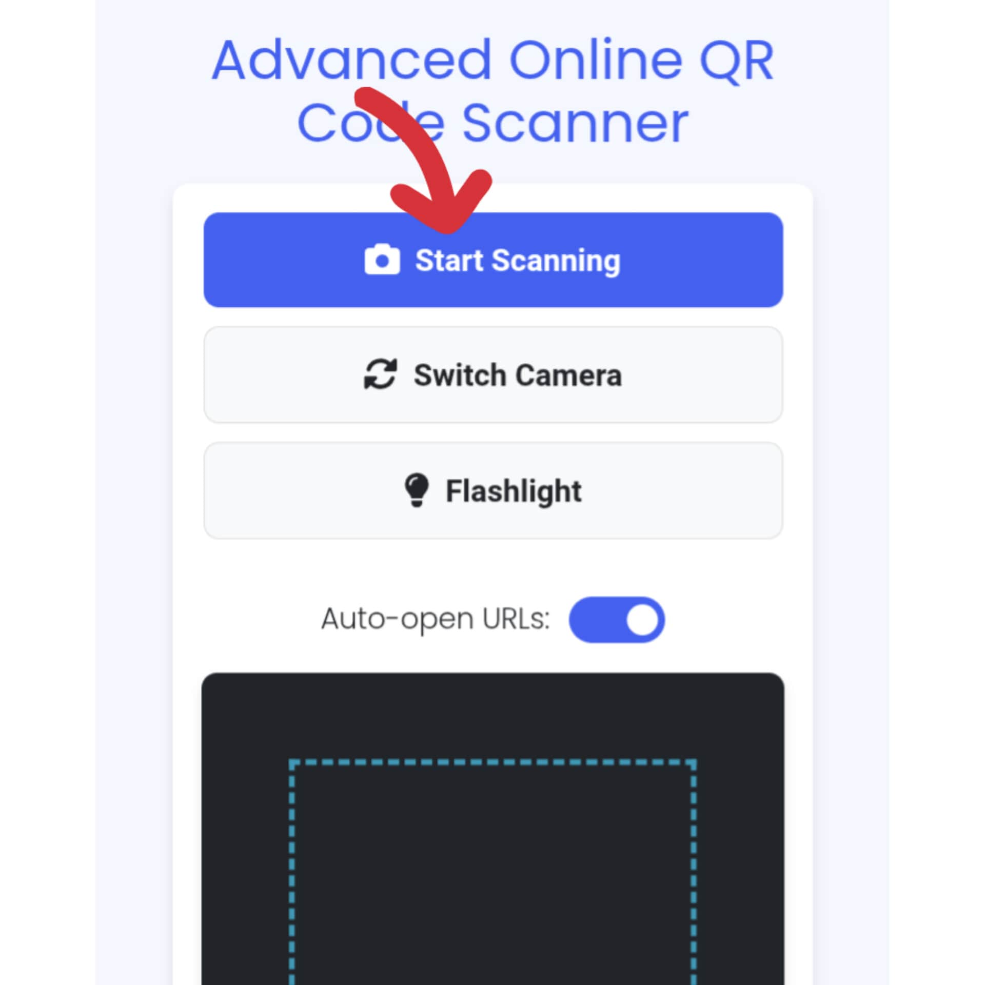 QR code scanner interface on mobile browser showing start button