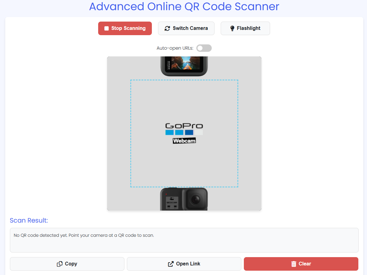 QR reader online interface on desktop browser after clicking start