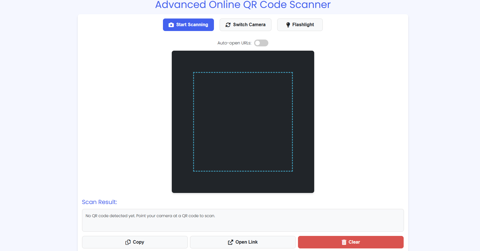 QR reader online interface on desktop browser before scanning